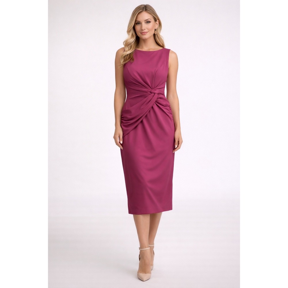 Kay Unger New York Magenta Pink Ruched Twist Waist Sheath Midi Dress Size 6 NWT